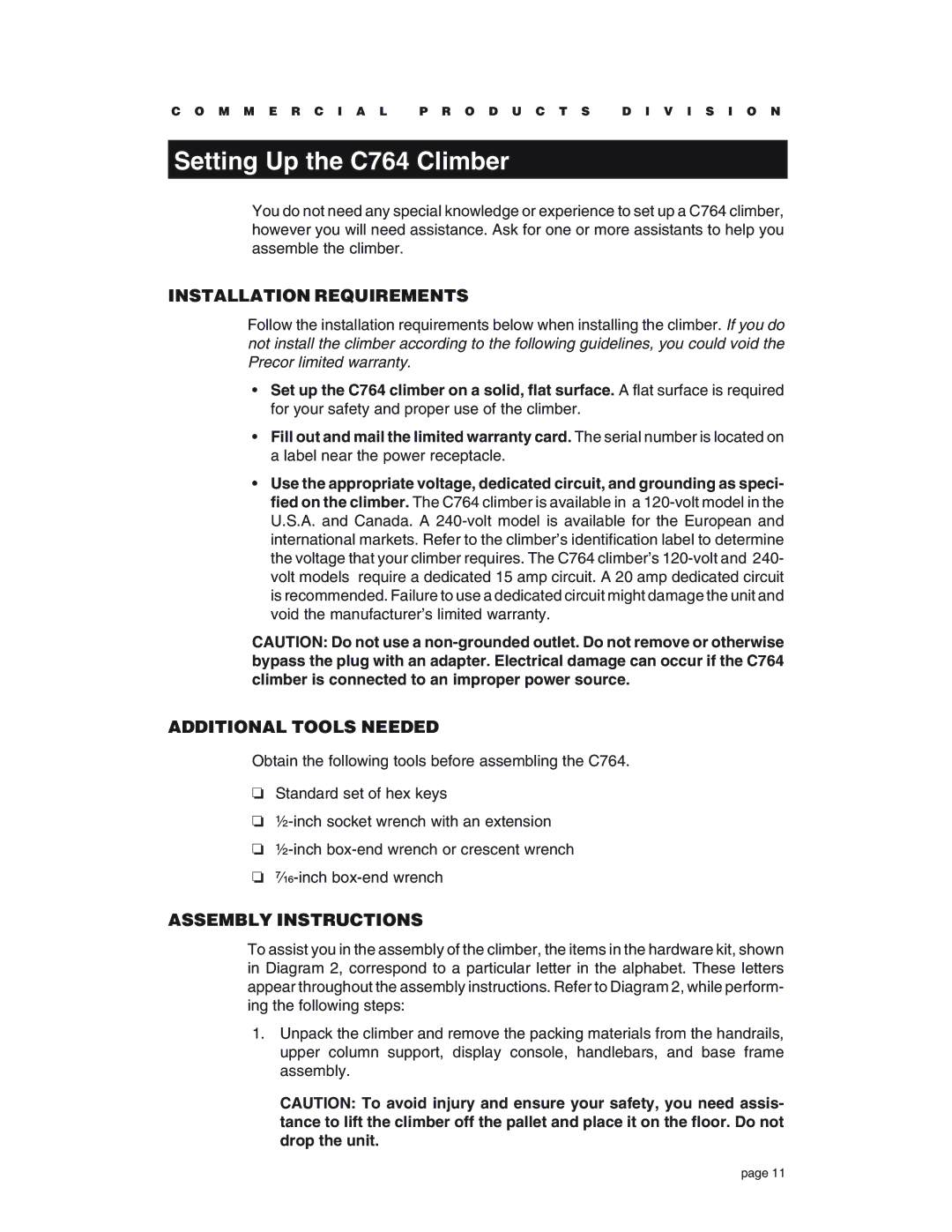 Precor Setting Up the C764 Climber, Installation Requirements, Additional Tools Needed, Assembly Instructions 