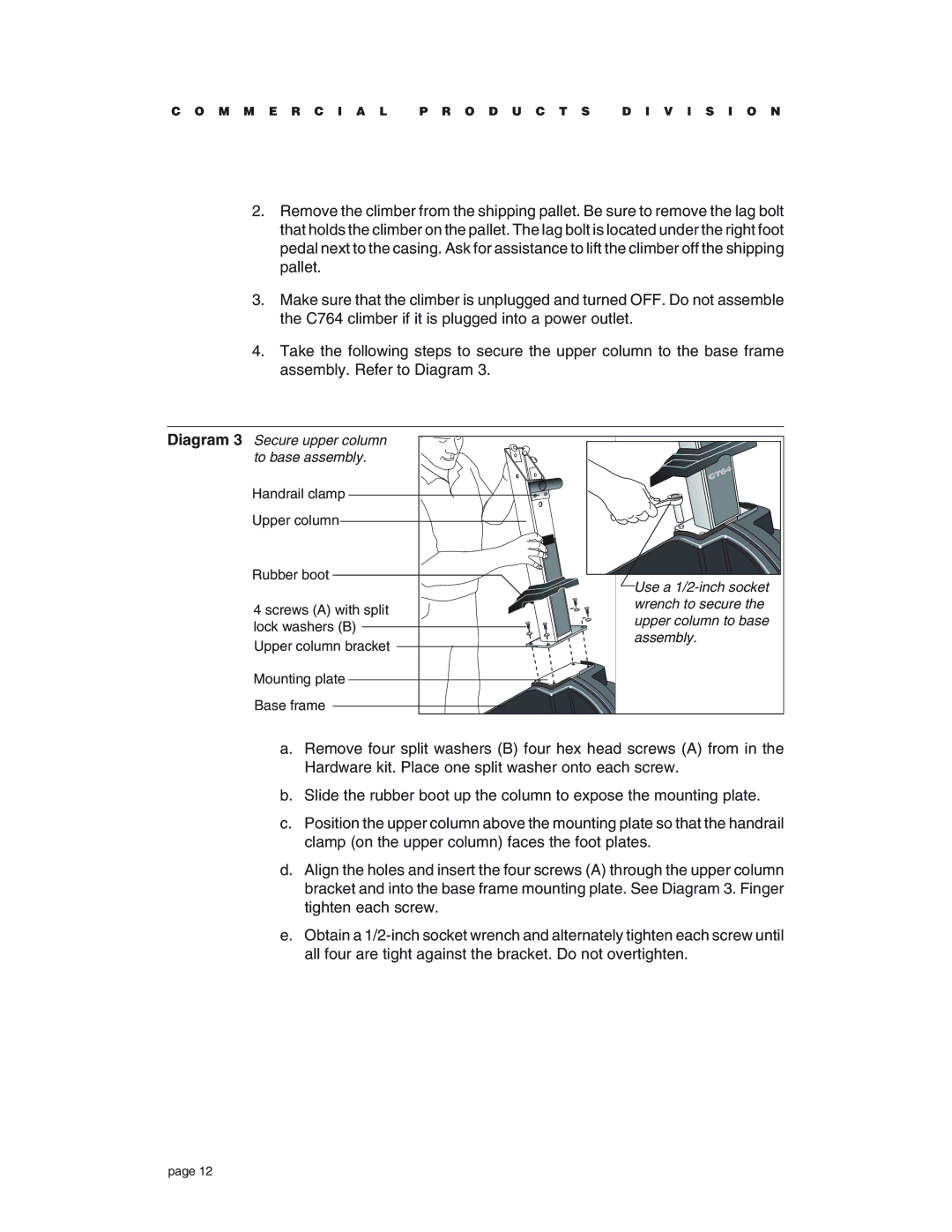 Precor C764 owner manual Diagram 3 Secure upper column to base assembly 