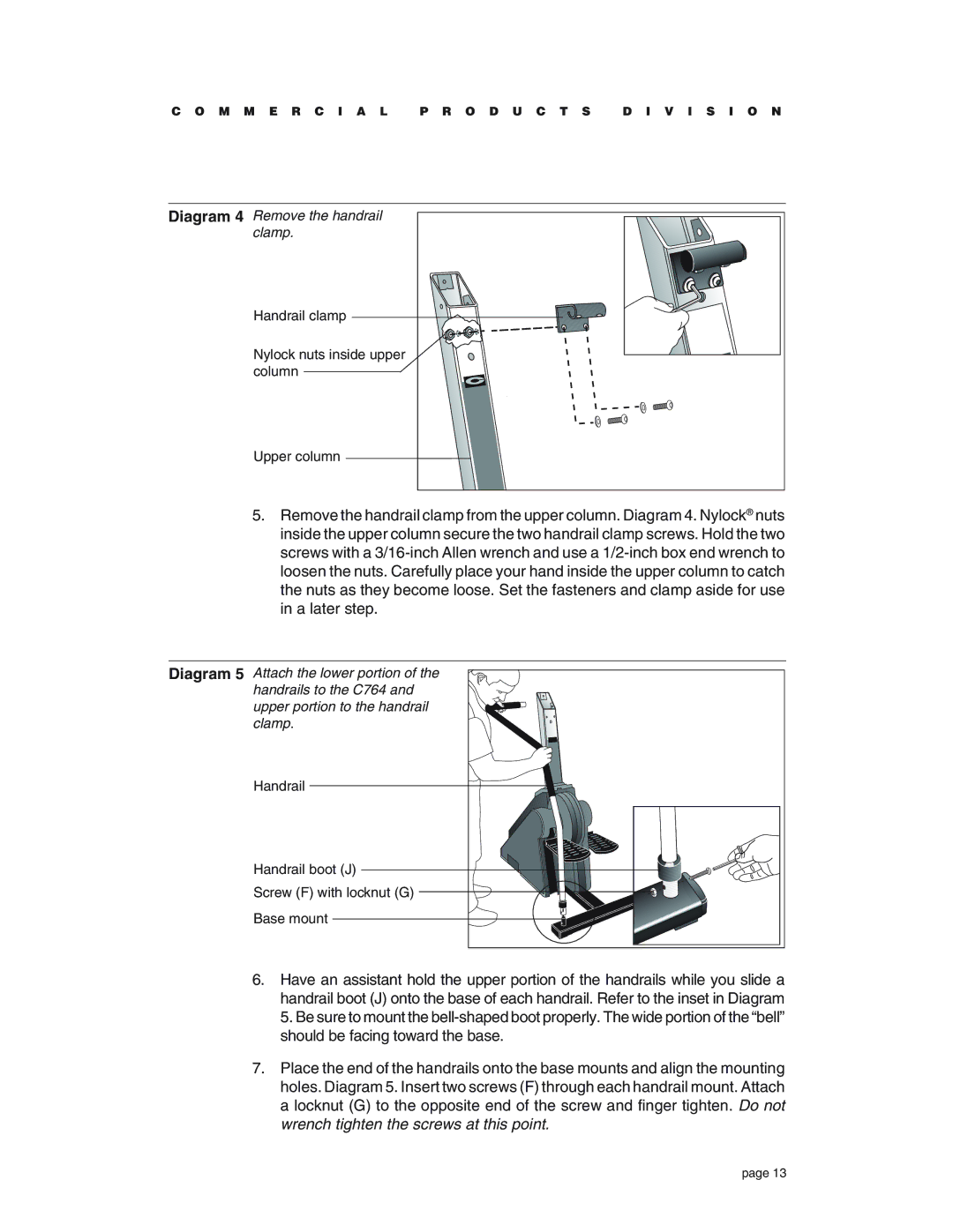 Precor C764 owner manual Diagram 4 Remove the handrail Clamp 