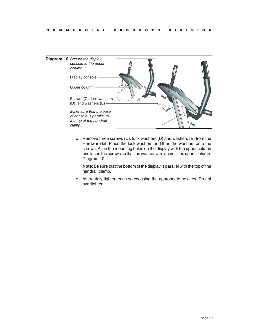 Precor C764 owner manual Diagram 10 Secure the display console to the upper column 