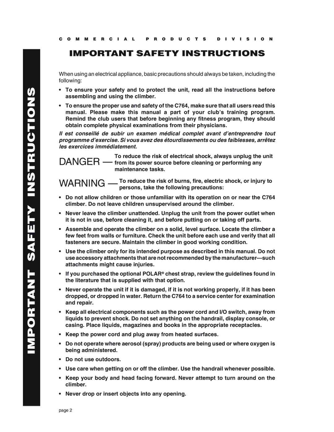 Precor C764 owner manual Important Safety Instructions 