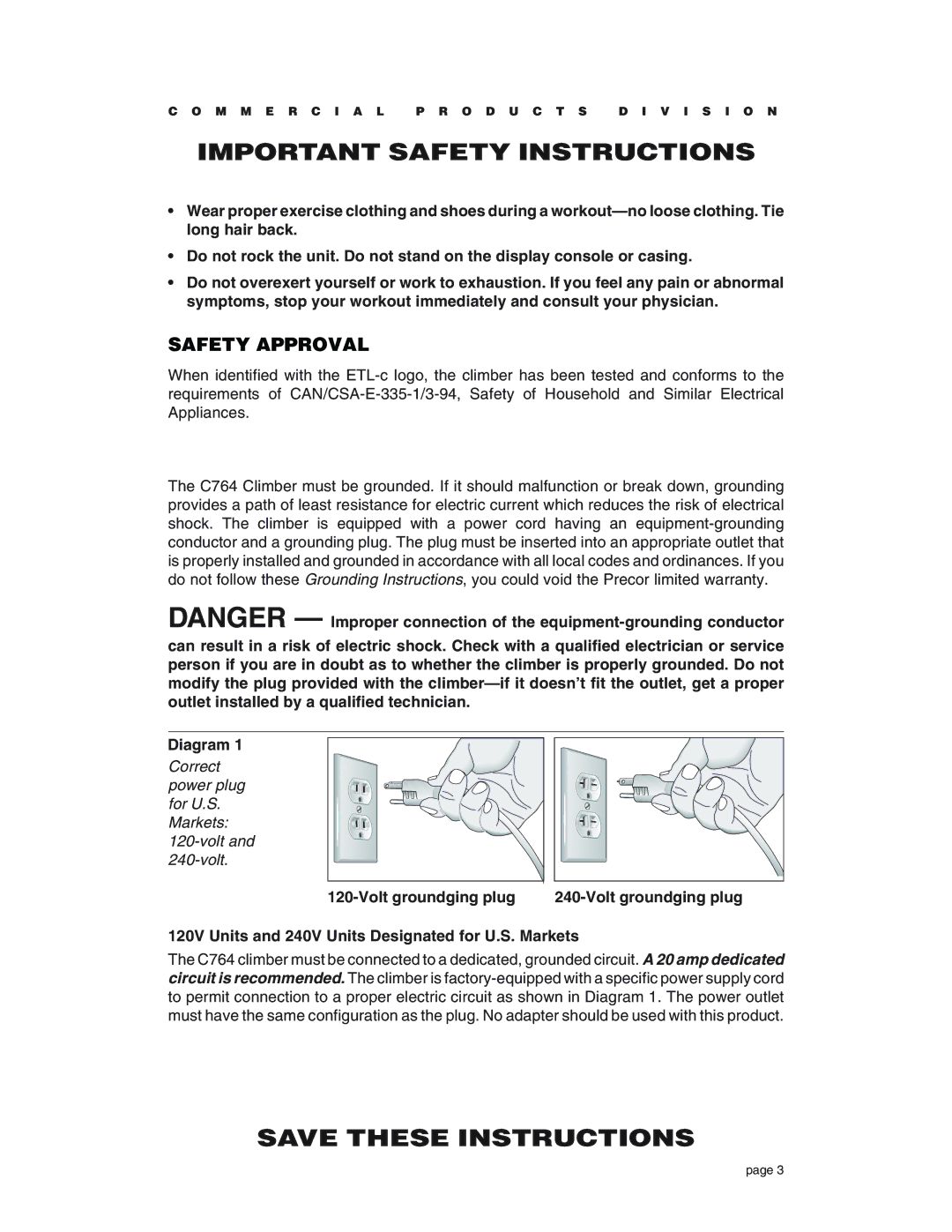 Precor C764 owner manual Safety Approval 