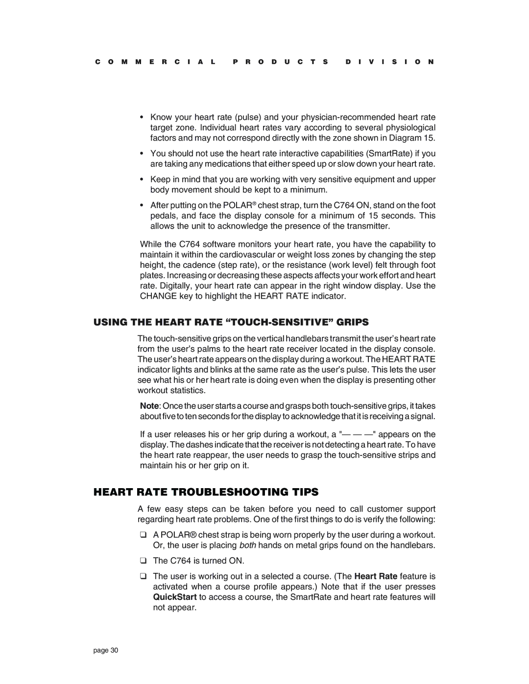 Precor C764 owner manual Heart Rate Troubleshooting Tips, Using the Heart Rate TOUCH-SENSITIVE Grips 