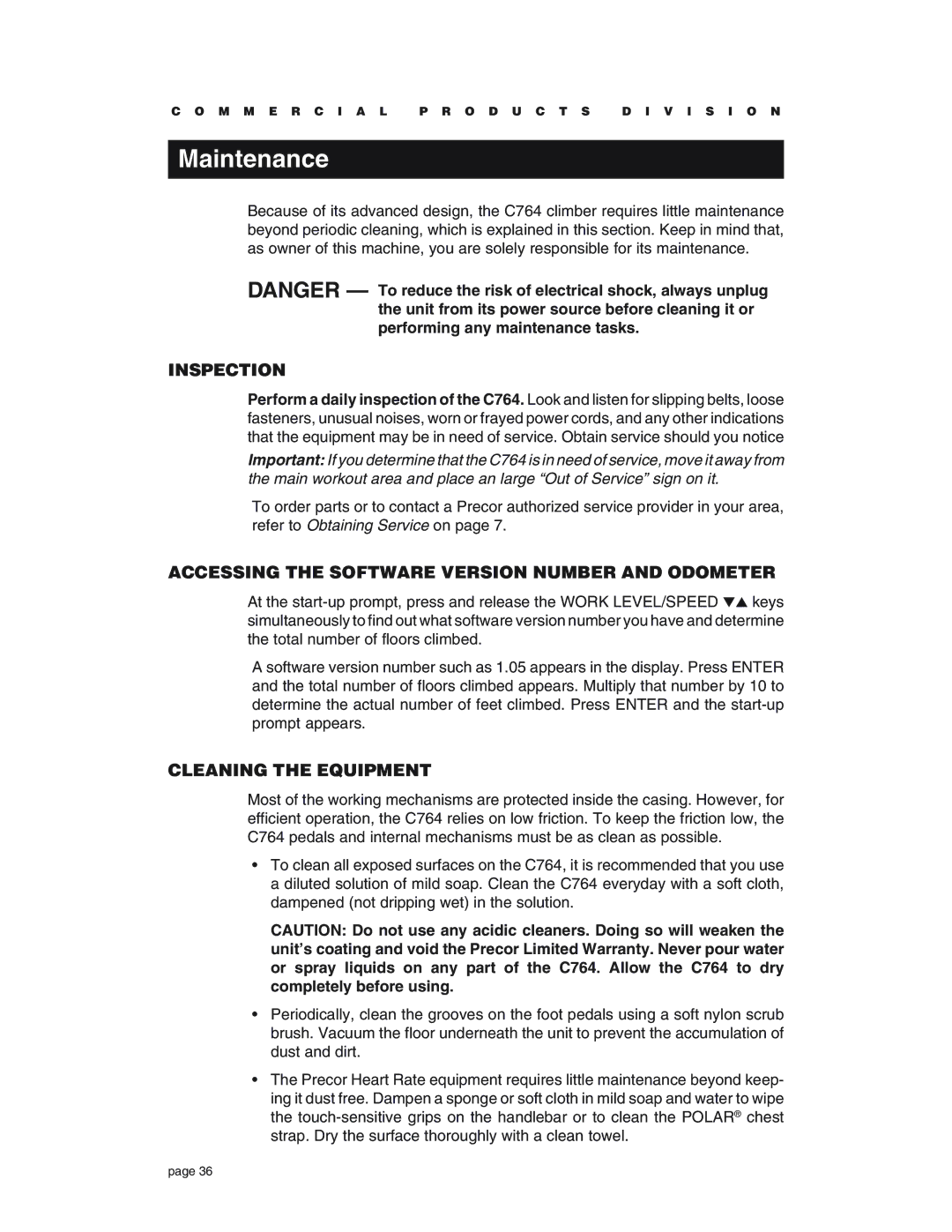 Precor C764 Maintenance, Inspection, Accessing the Software Version Number and Odometer, Cleaning the Equipment 