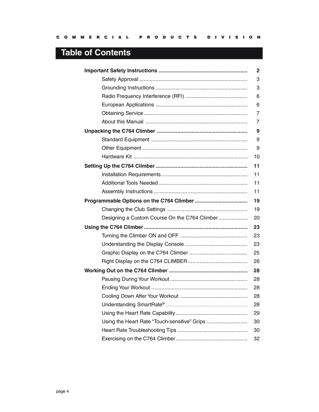 Precor C764 owner manual Table of Contents 