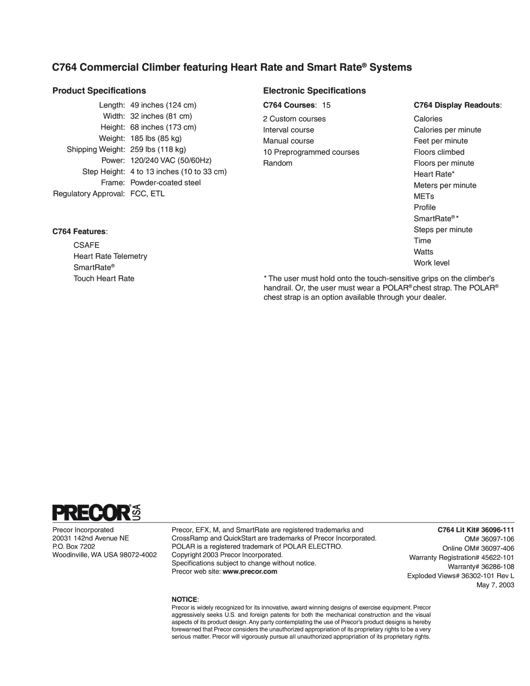 Precor C764 owner manual Product Specifications, Electronic Specifications 