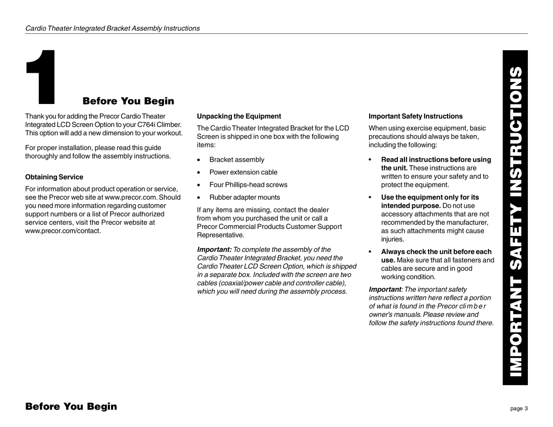 Precor C764i manual Before You Begin, Obtaining Service Unpacking the Equipment 