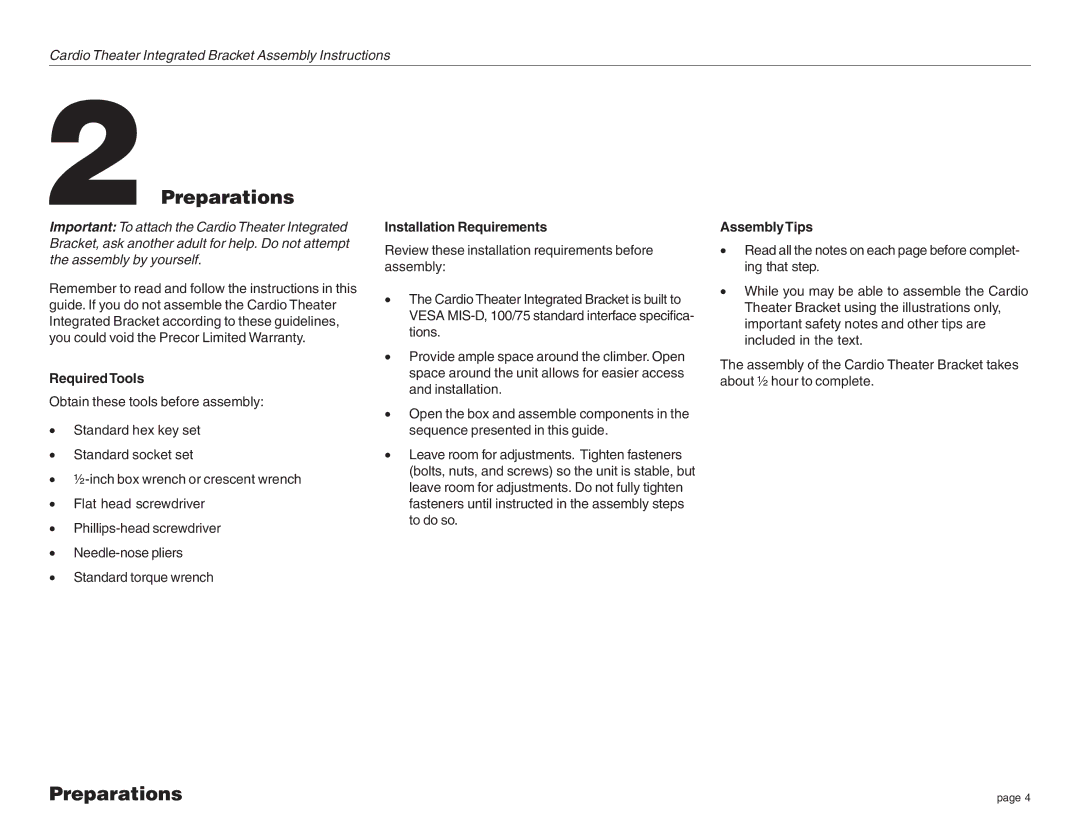 Precor C764i manual Preparations, RequiredTools 