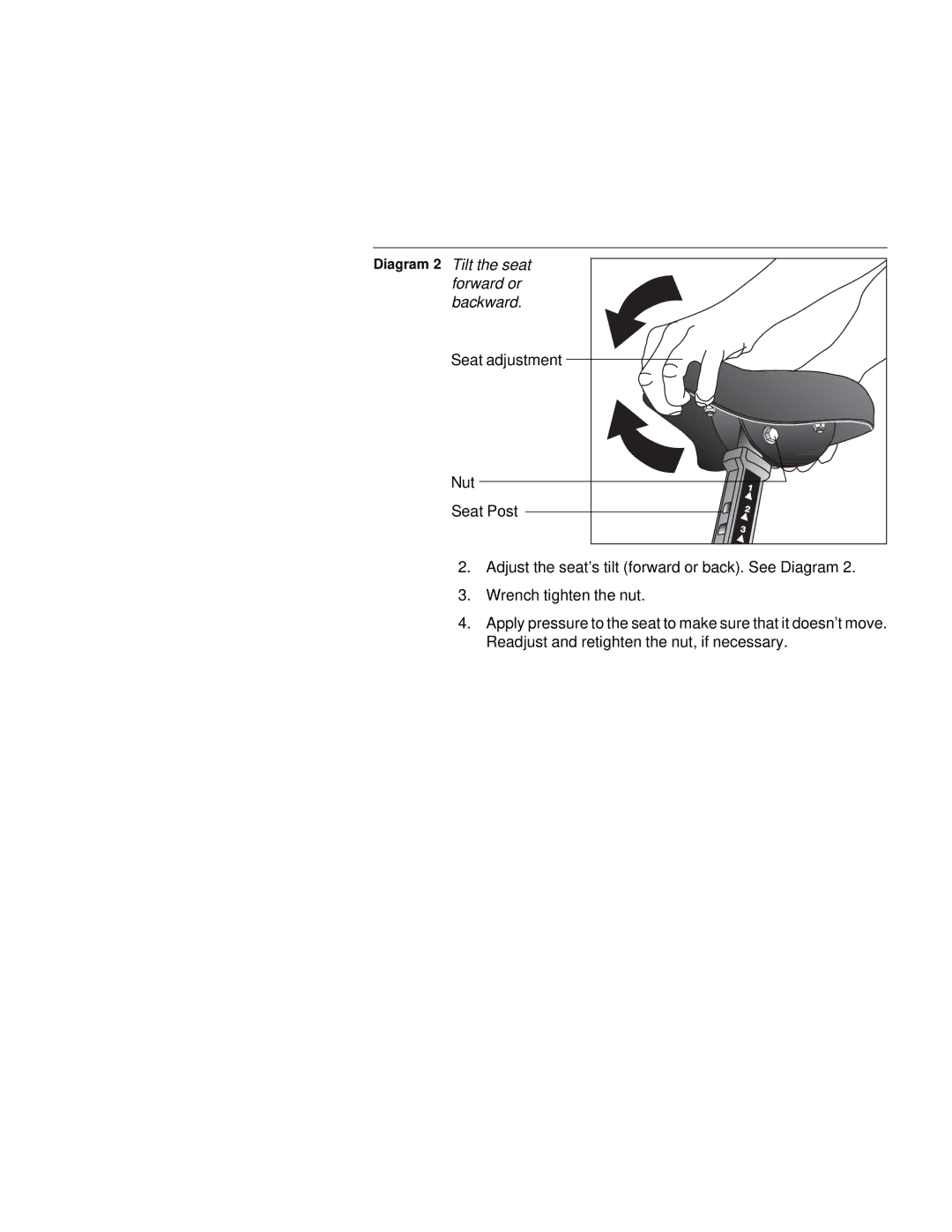 Precor C842, C846i owner manual Diagram 2 Tilt the seat forward or backward 