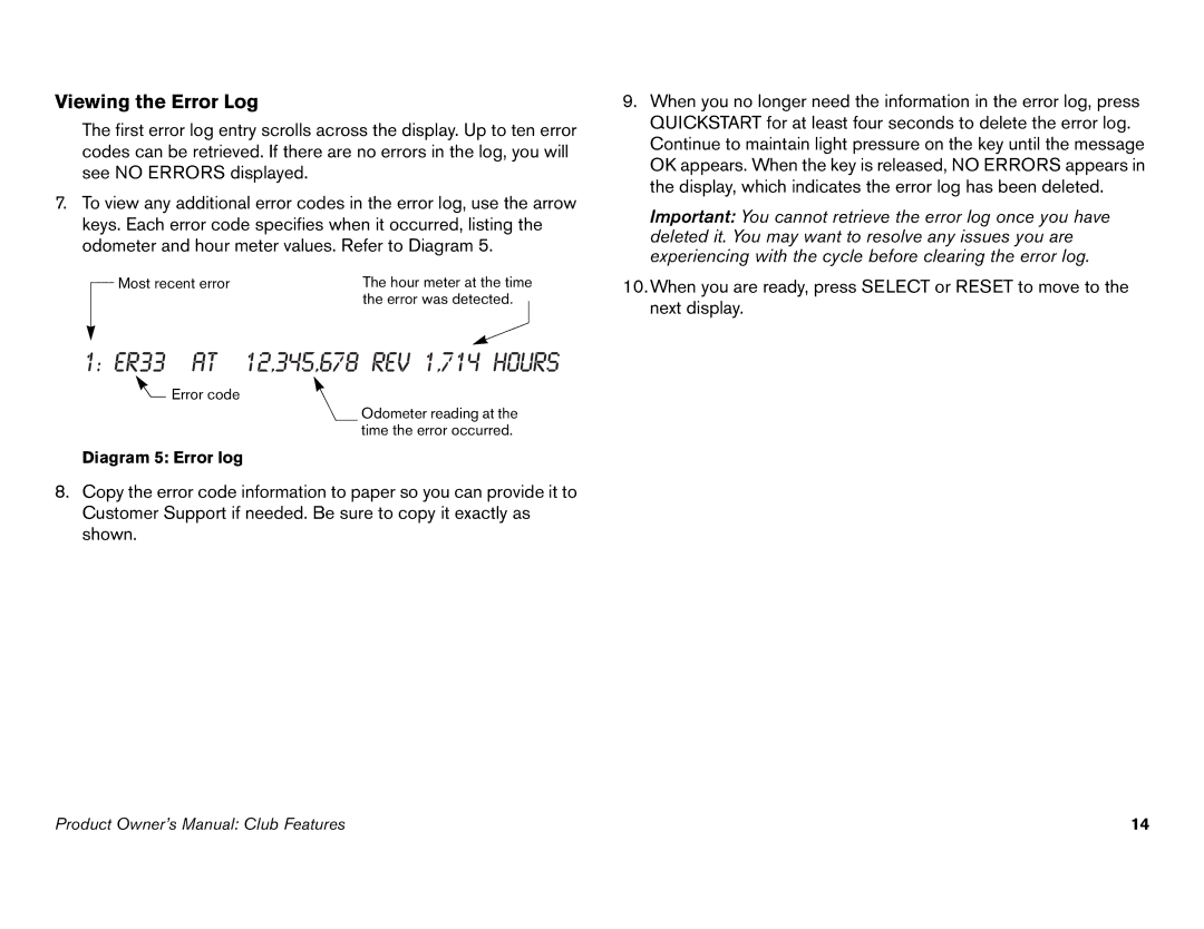 Precor C842i owner manual Viewing the Error Log, Diagram 5 Error log 