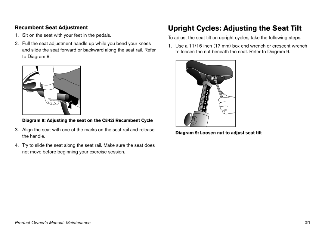 Precor owner manual Upright Cycles Adjusting the Seat Tilt, Diagram 8 Adjusting the seat on the C842i Recumbent Cycle 