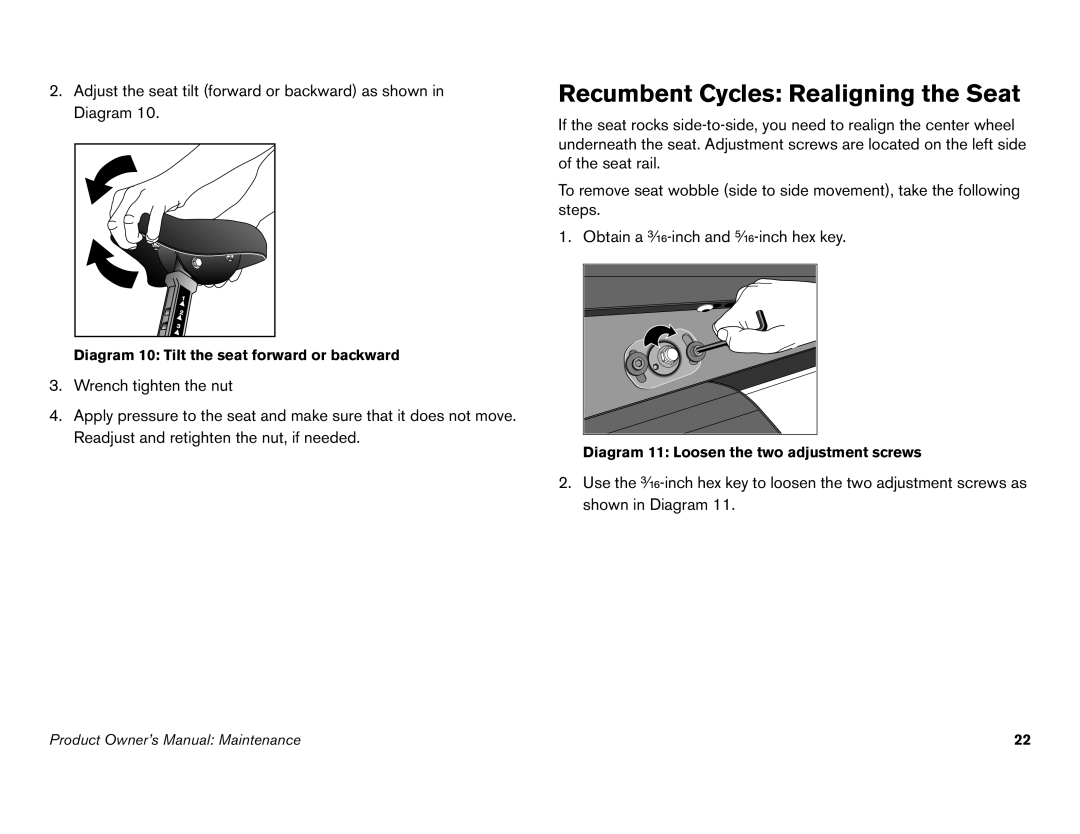 Precor C842i owner manual Recumbent Cycles Realigning the Seat, Diagram 10 Tilt the seat forward or backward 