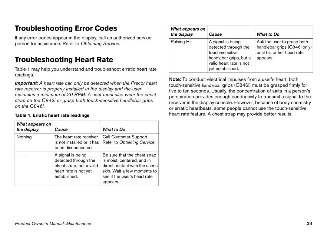 Precor C842i owner manual Troubleshooting Error Codes, Troubleshooting Heart Rate, Erratic heart rate readings 