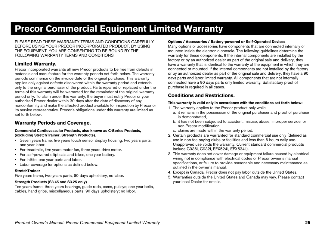 Precor C842i owner manual Precor Commercial Equipment Limited Warranty, Warranty Periods and Coverage 