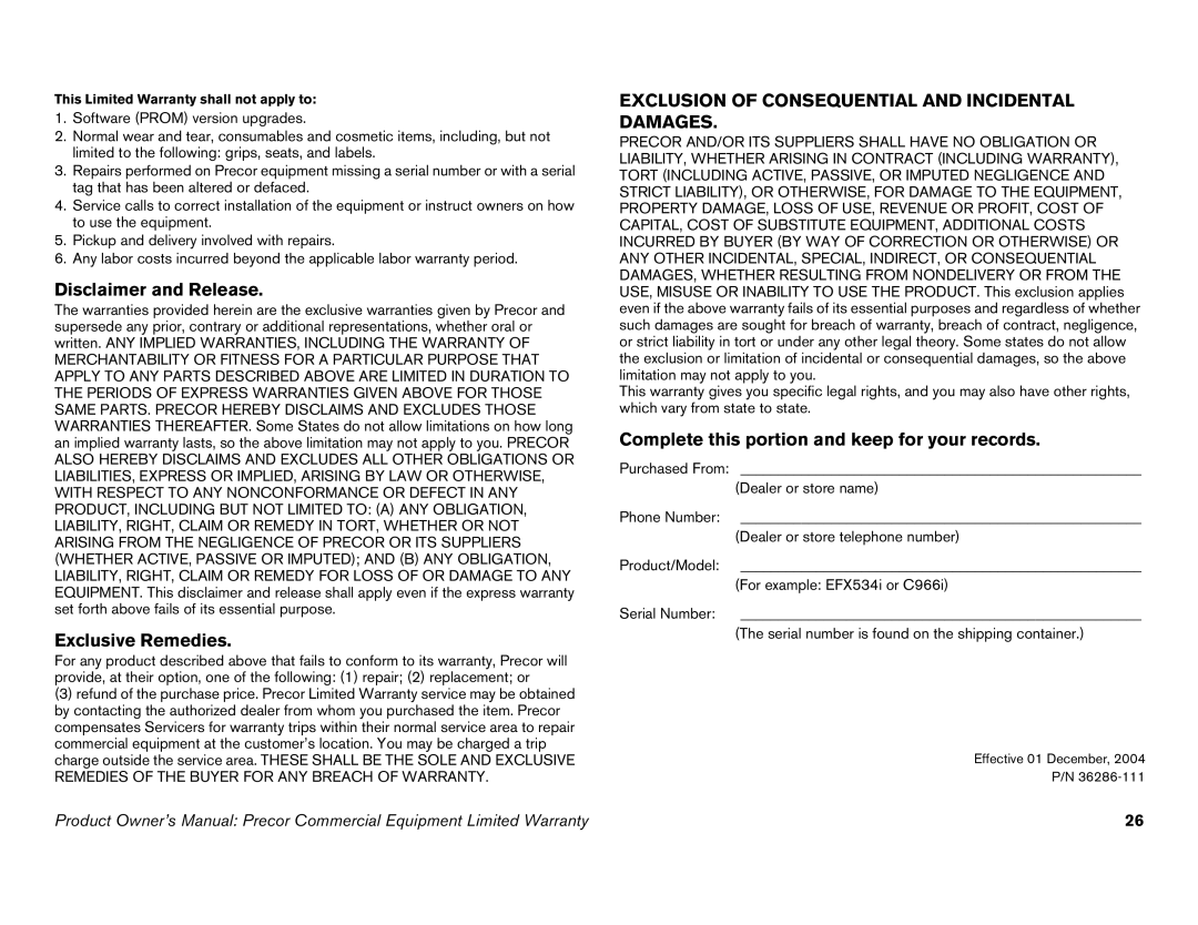 Precor C842i owner manual Exclusion of Consequential and Incidental Damages 