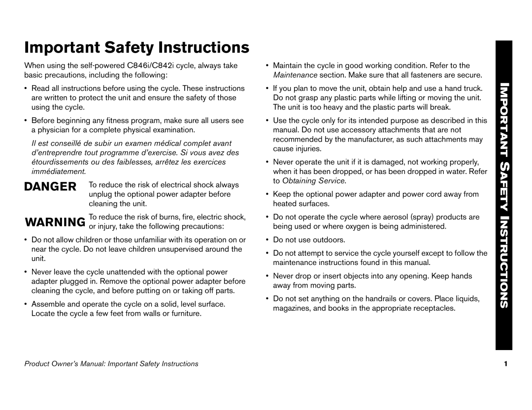 Precor C842i owner manual Important Safety Instructions 