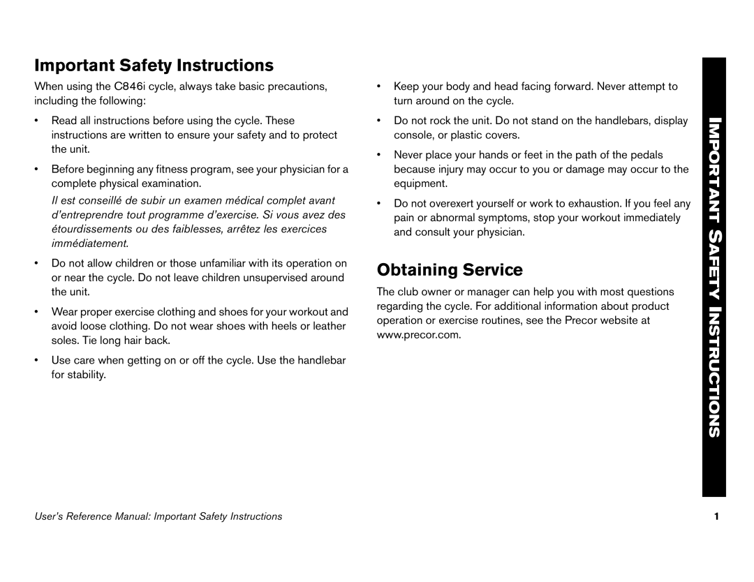 Precor C842i owner manual Important Safety Instructions, Obtaining Service 