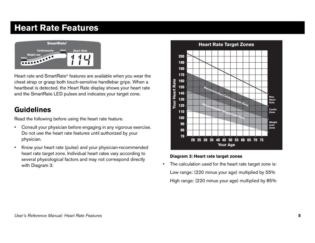 Precor C842i owner manual Heart Rate Features, Guidelines, Diagram 3 Heart rate target zones, Your Age 