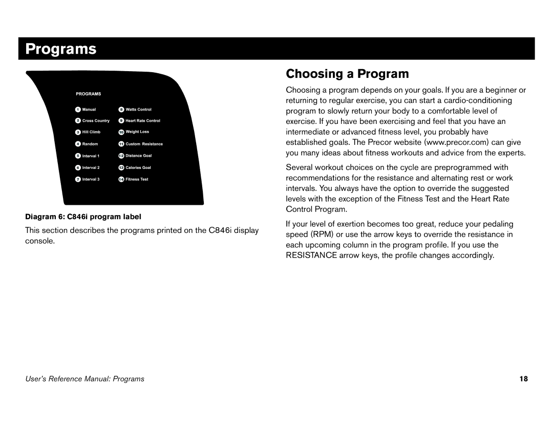 Precor C842i owner manual Programs, Choosing a Program, Diagram 6 C846i program label 