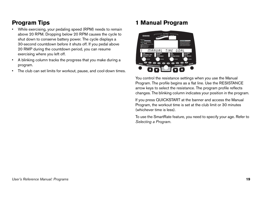 Precor C842i owner manual Program Tips, Manual Program, N u a l t i m e g o a l 