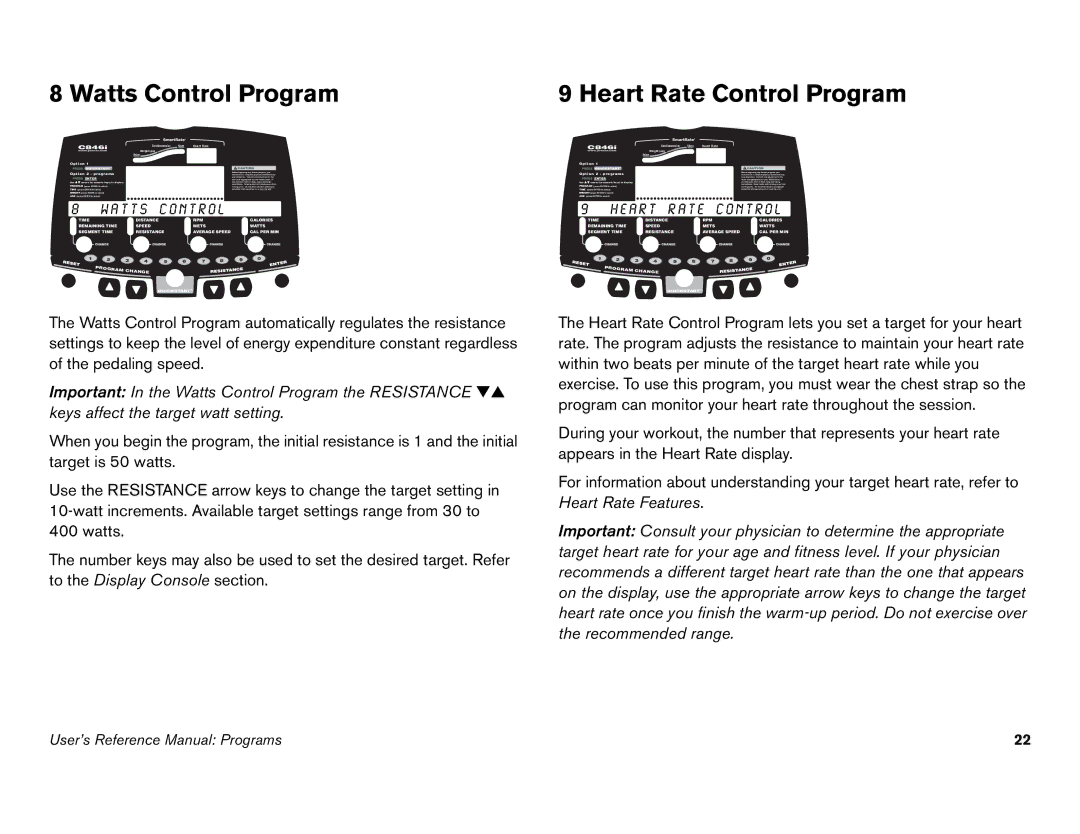 Precor C842i Watts Control Program, Heart Rate Control Program, T t s c o n t r o l, A r t r a t e c o n t r o l 