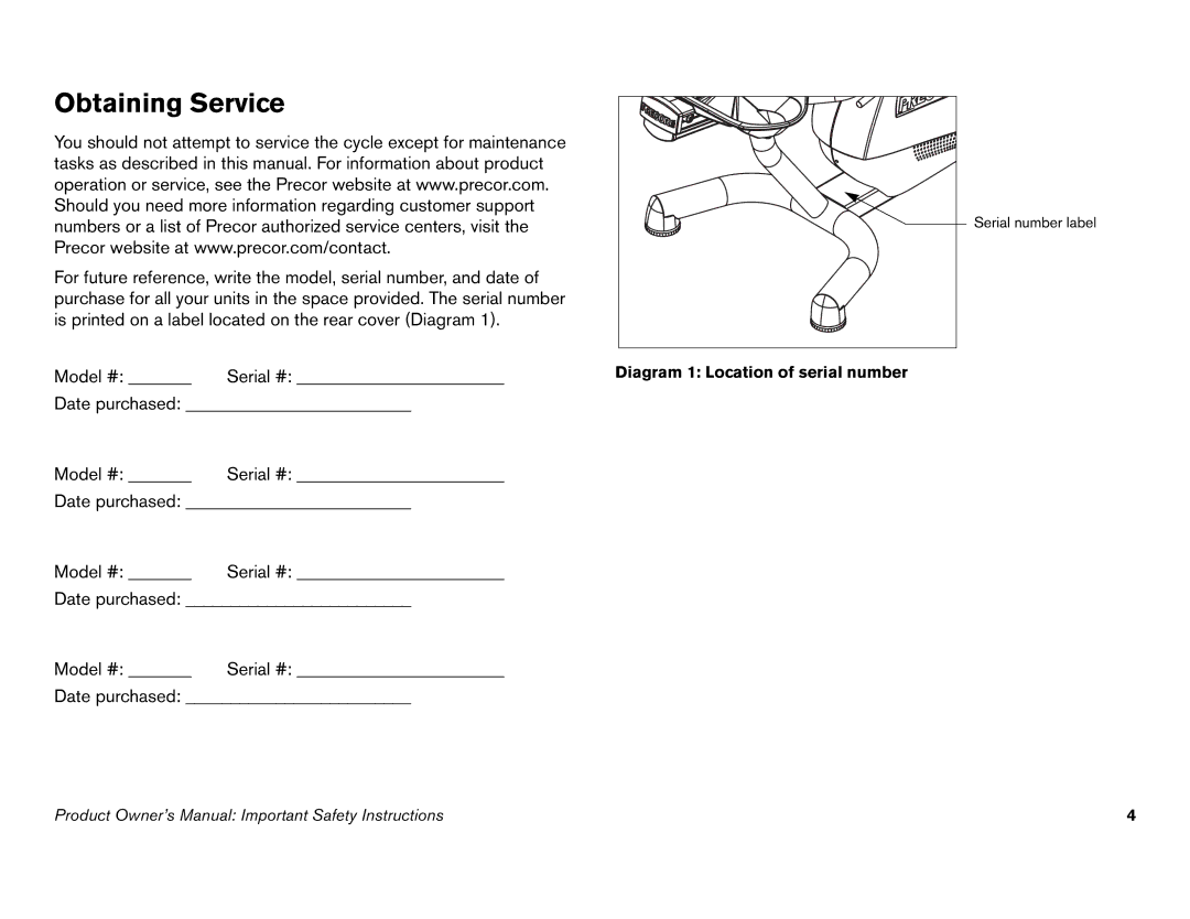 Precor C842i owner manual Obtaining Service, Diagram 1 Location of serial number 