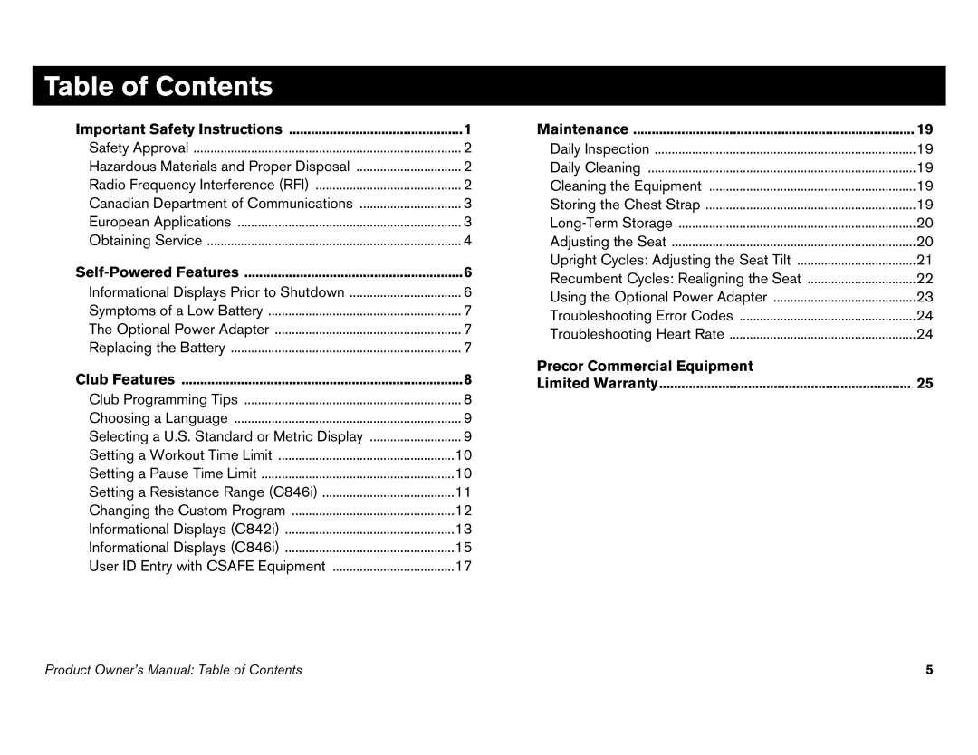 Precor C842i owner manual Table of Contents 