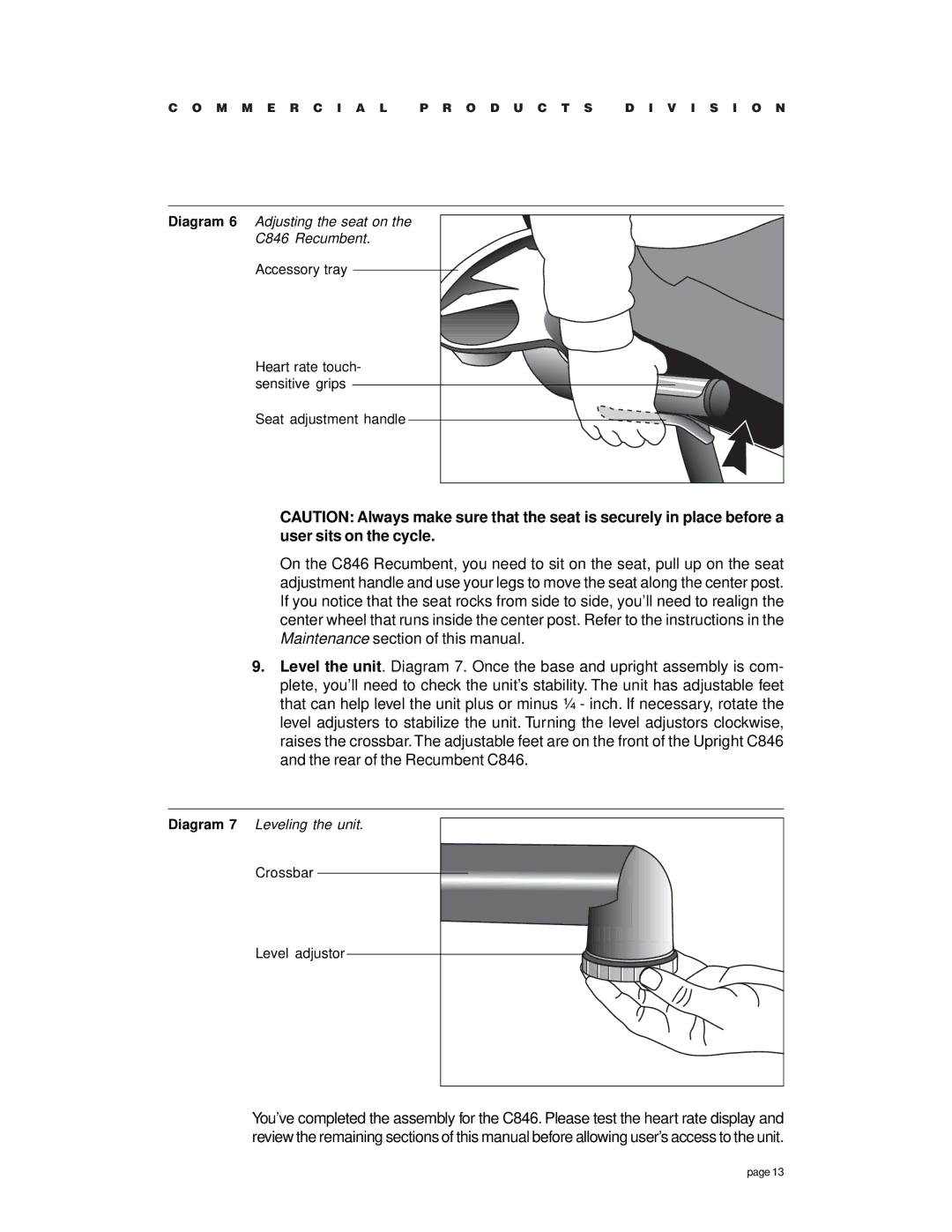 Precor owner manual Diagram 6 Adjusting the seat on C846 Recumbent 