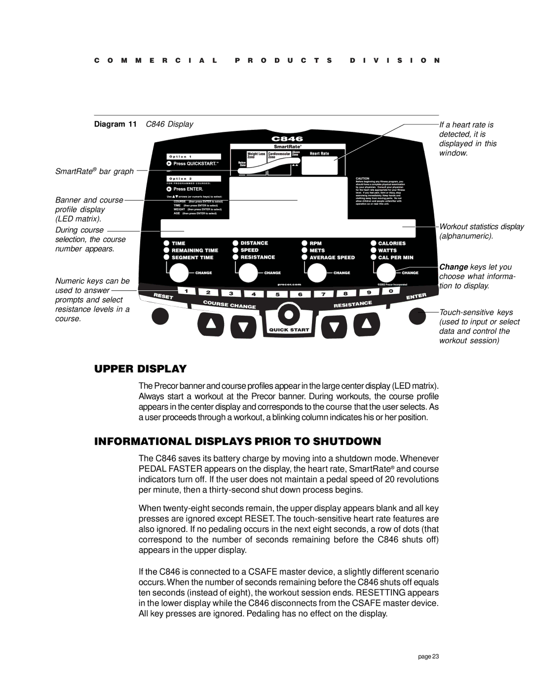 Precor C846 owner manual Upper Display, Informational Displays Prior to Shutdown 