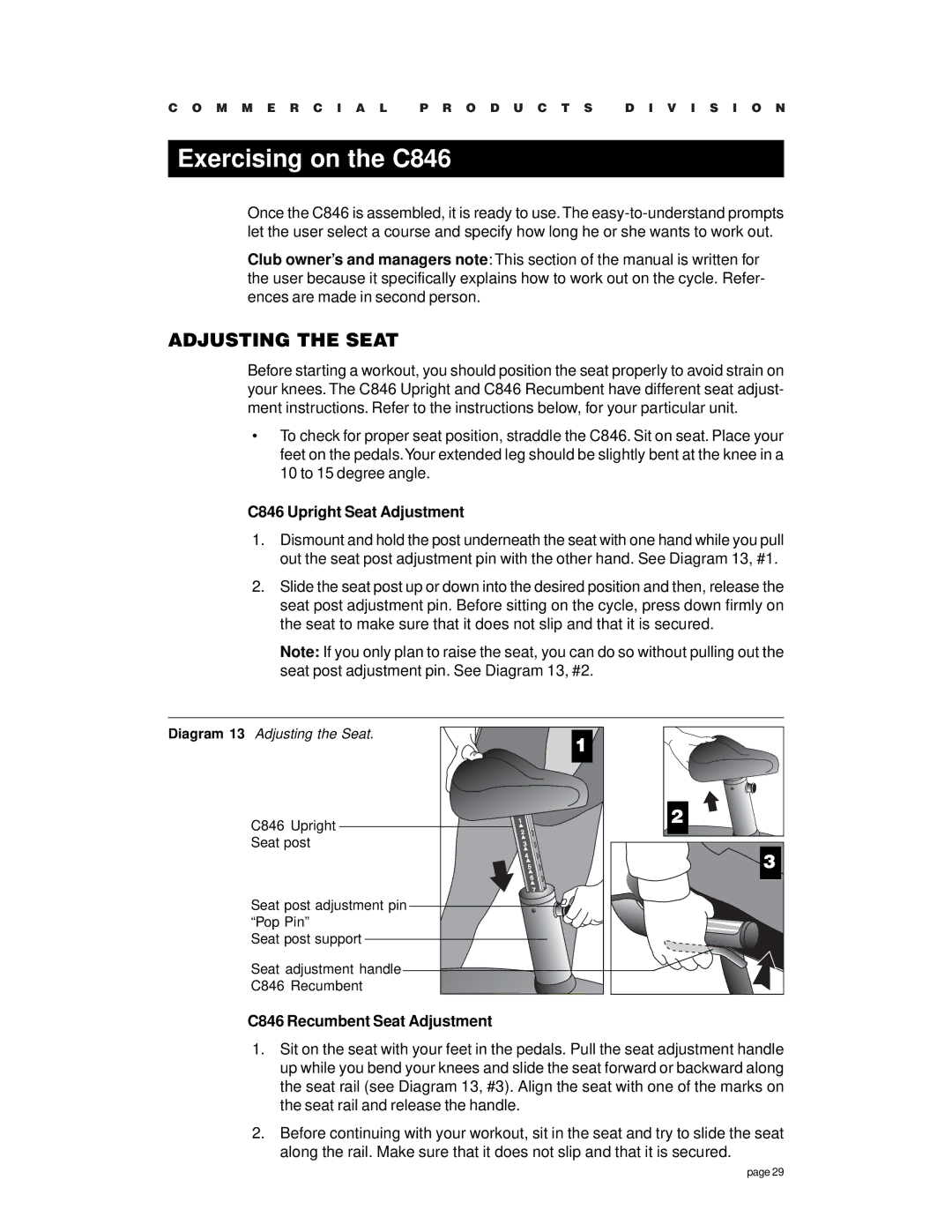 Precor Exercising on the C846, Adjusting the Seat, C846 Upright Seat Adjustment, C846 Recumbent Seat Adjustment 