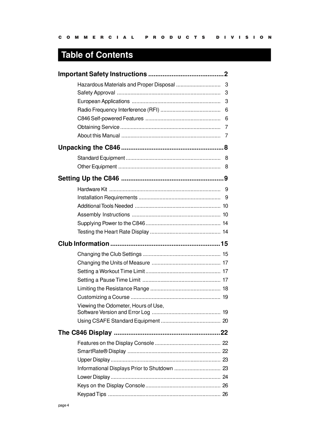 Precor C846 owner manual Table of Contents 