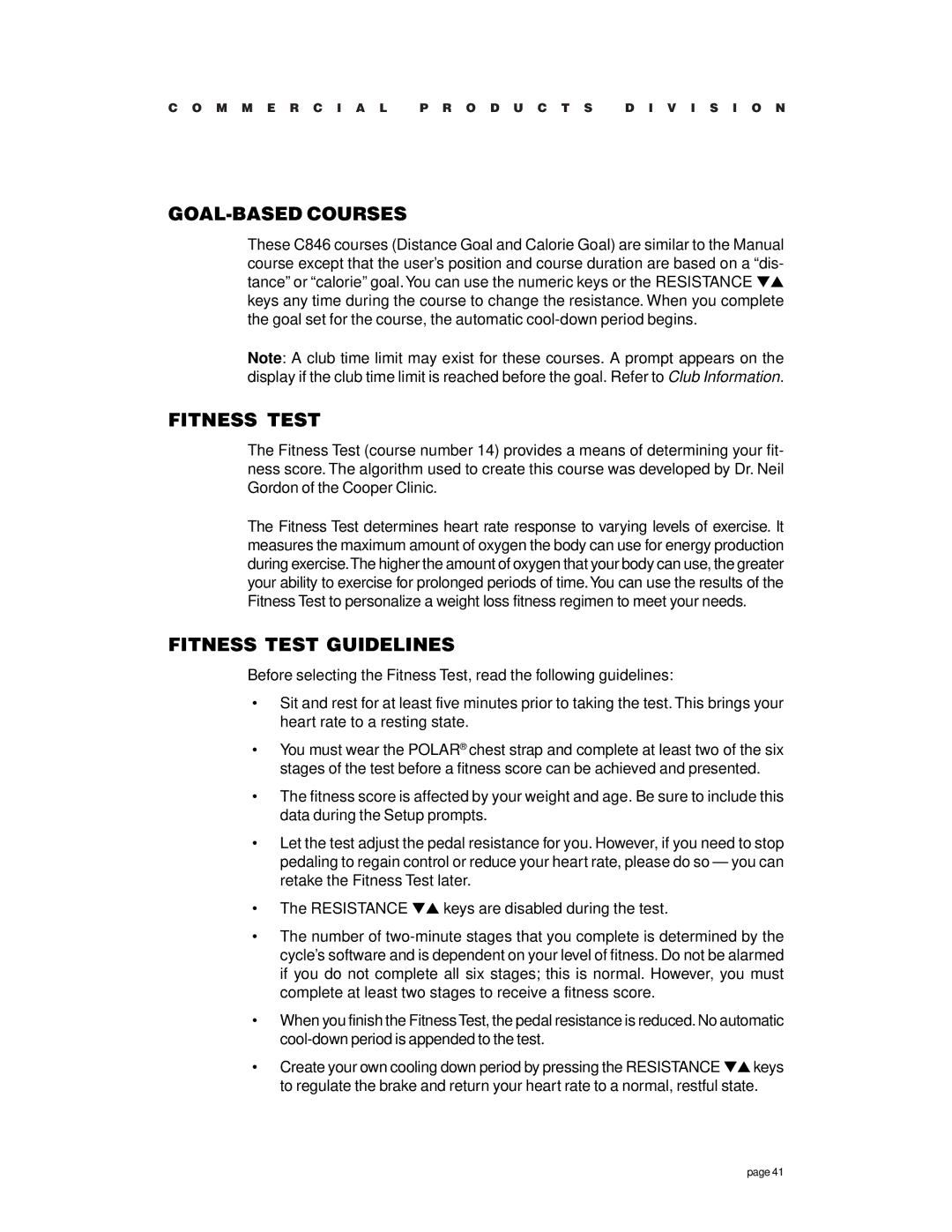 Precor C846 owner manual GOAL-BASED Courses, Fitness Test Guidelines 