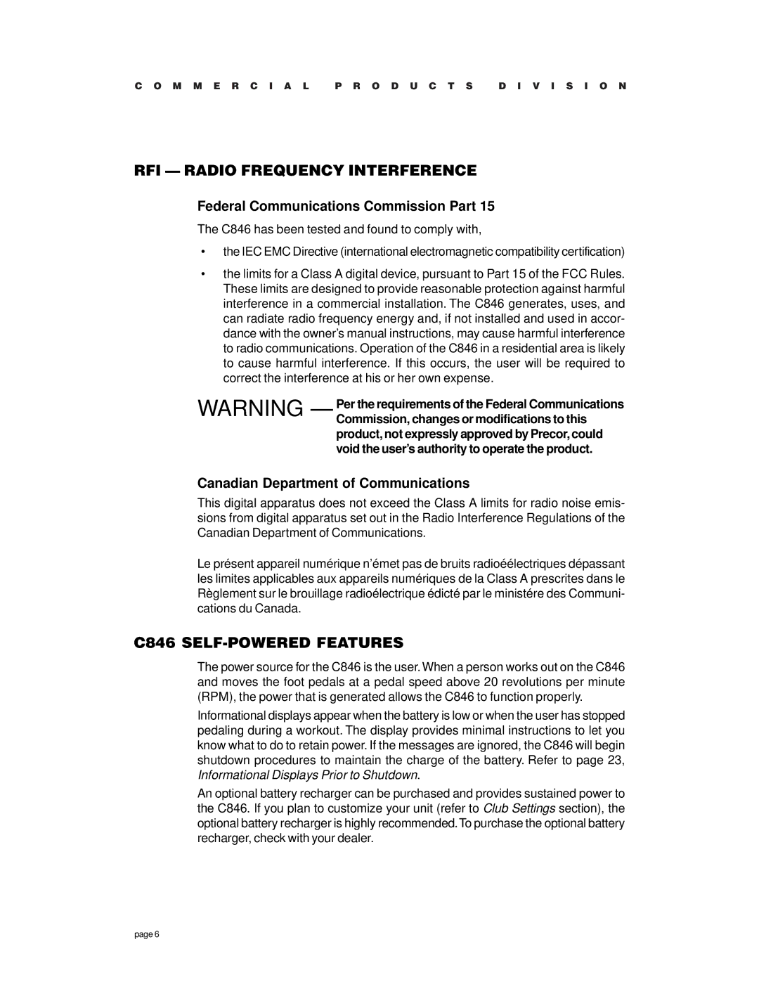 Precor owner manual RFI Radio Frequency Interference, C846 SELF-POWERED Features 