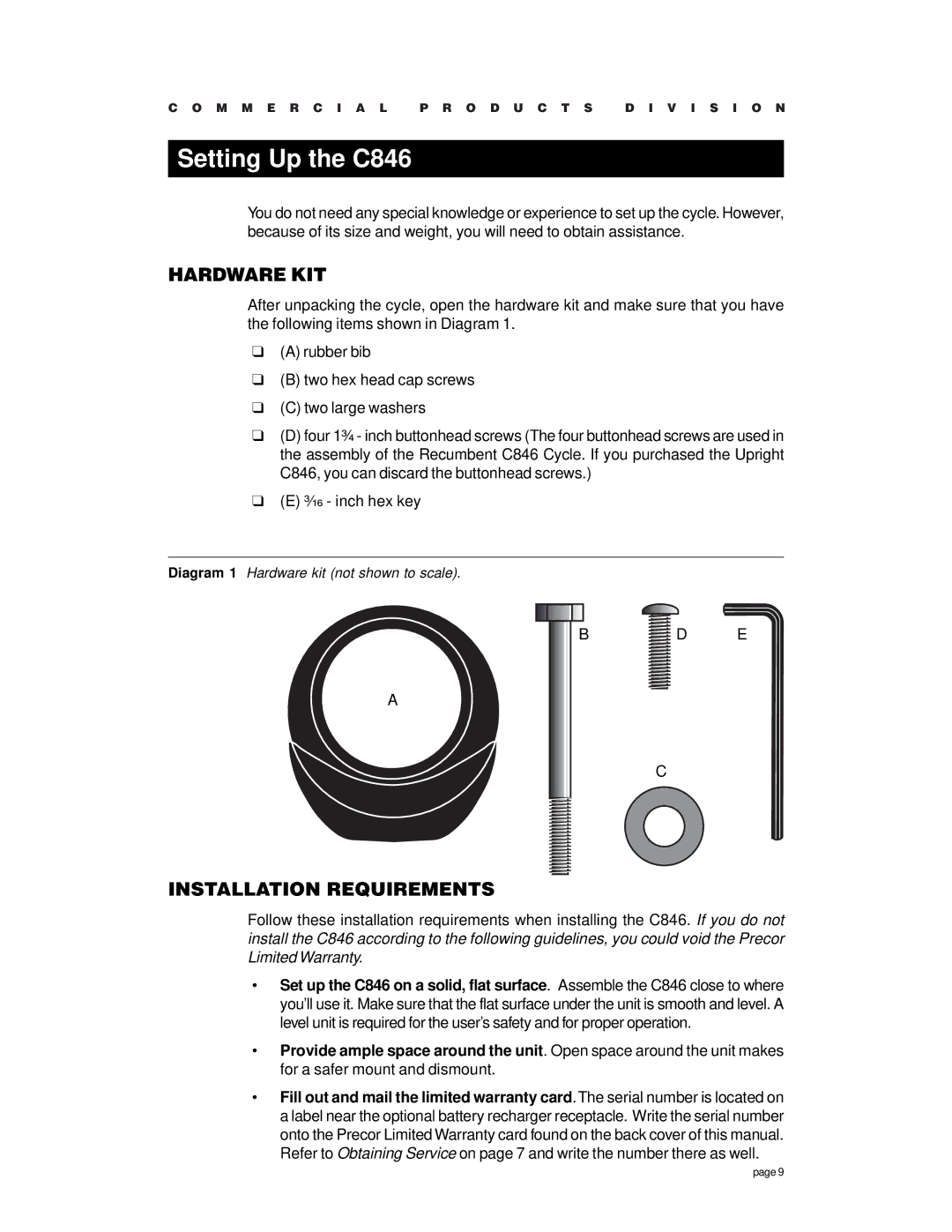 Precor owner manual Setting Up the C846, Hardware KIT, Installation Requirements 