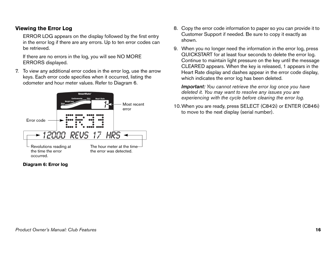 Precor C846i owner manual Revs 17 HrS 