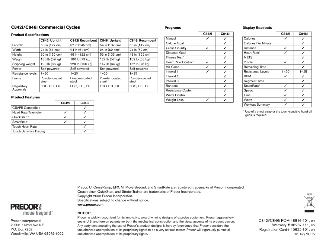 Precor owner manual C842i/C846i Commercial Cycles 