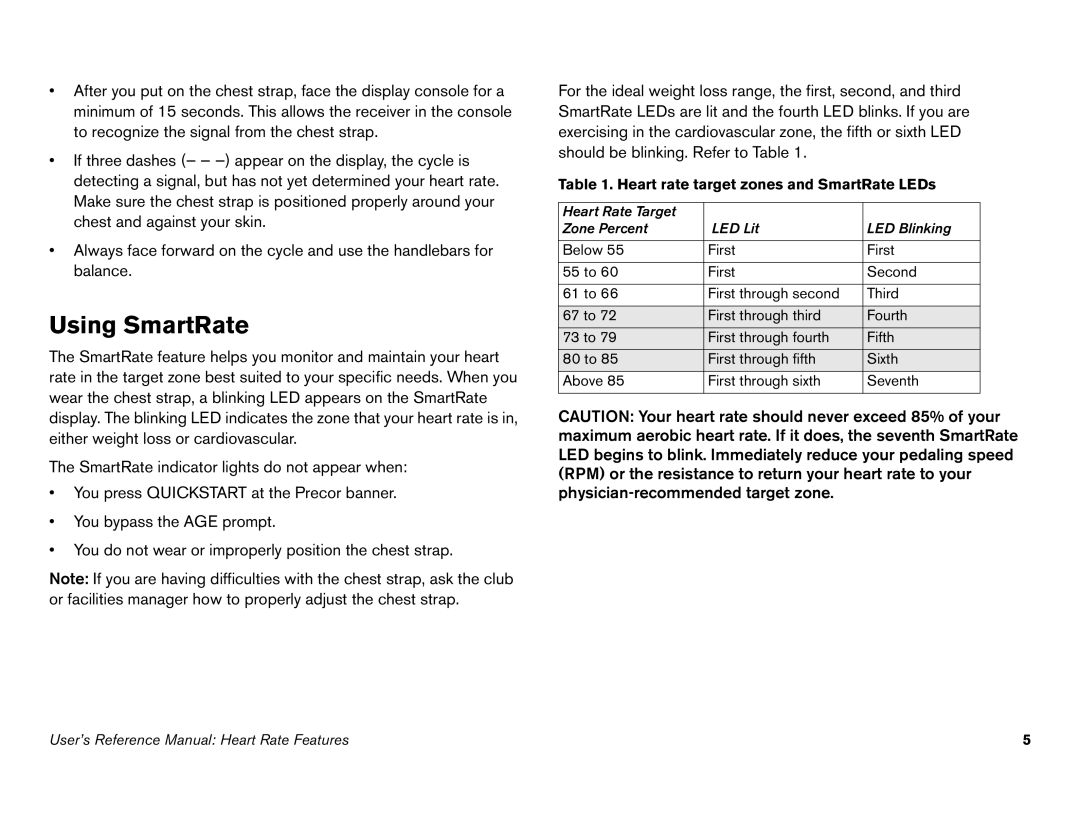 Precor C846i owner manual Using SmartRate, Heart rate target zones and SmartRate LEDs 