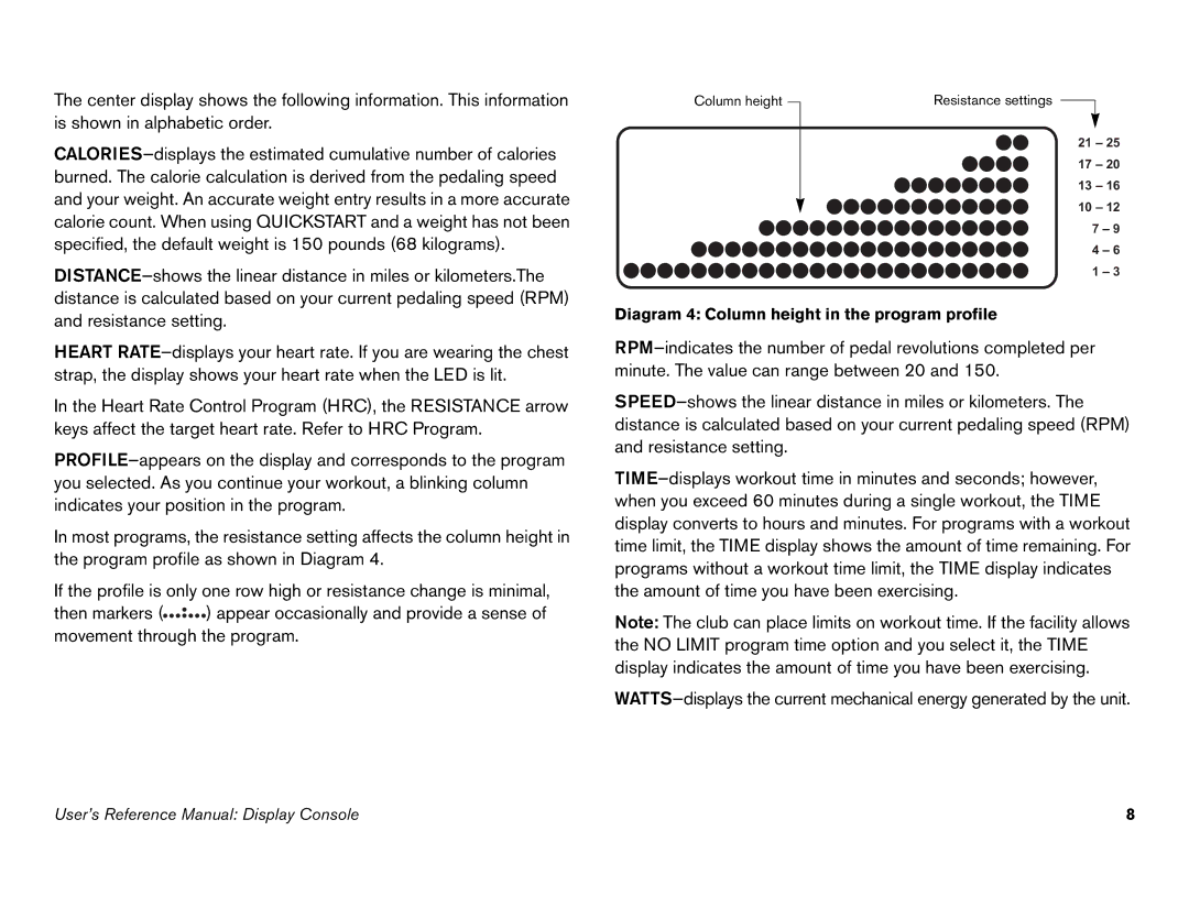 Precor C846i owner manual Diagram 4 Column height in the program profile 