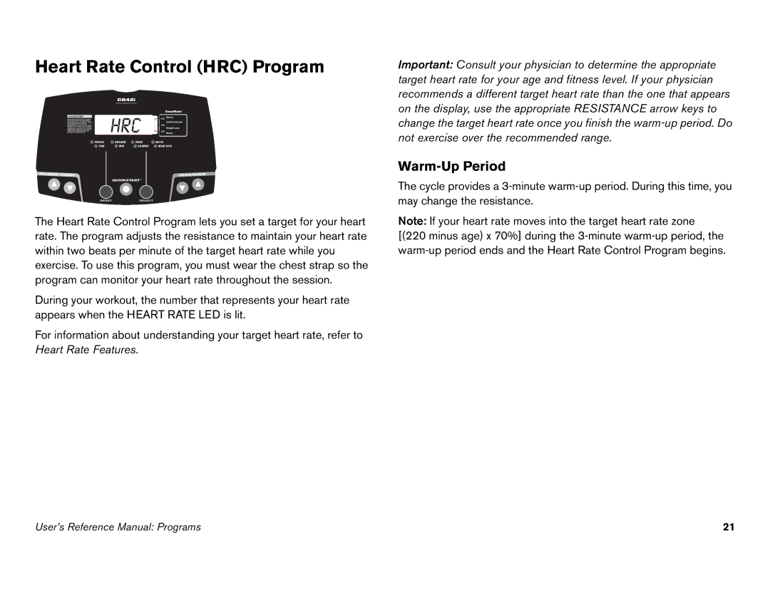 Precor C846i owner manual Heart Rate Control HRC Program, Hrc 