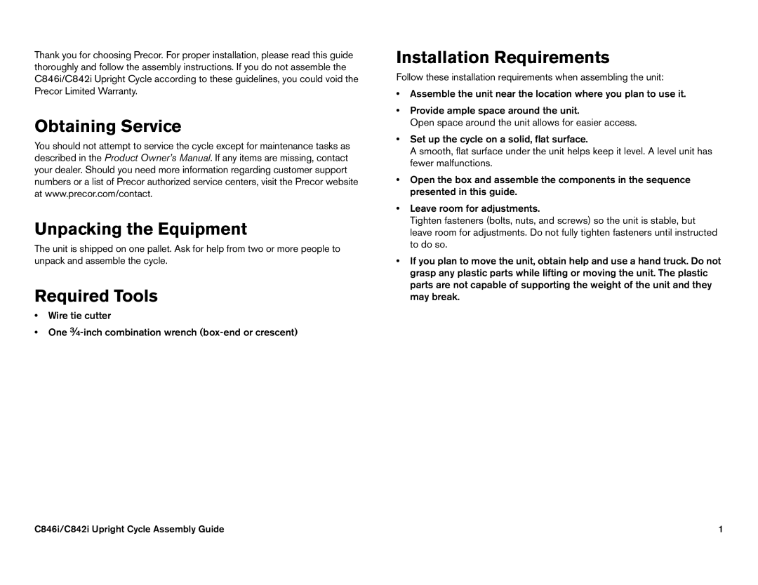 Precor C846i owner manual Obtaining Service Unpacking the Equipment, Required Tools, Installation Requirements 