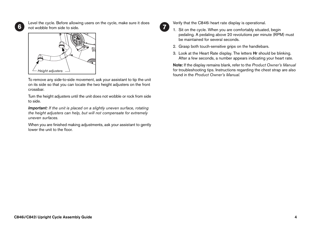 Precor C846i owner manual Height adjusters 