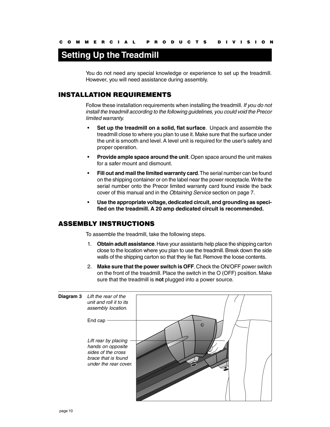 Precor C932 owner manual Setting Up the Treadmill, Installation Requirements, Assembly Instructions 