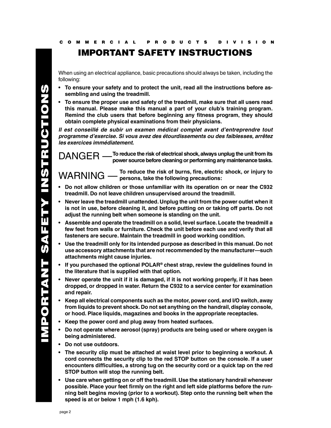 Precor C932 owner manual Important Safety Instructions 