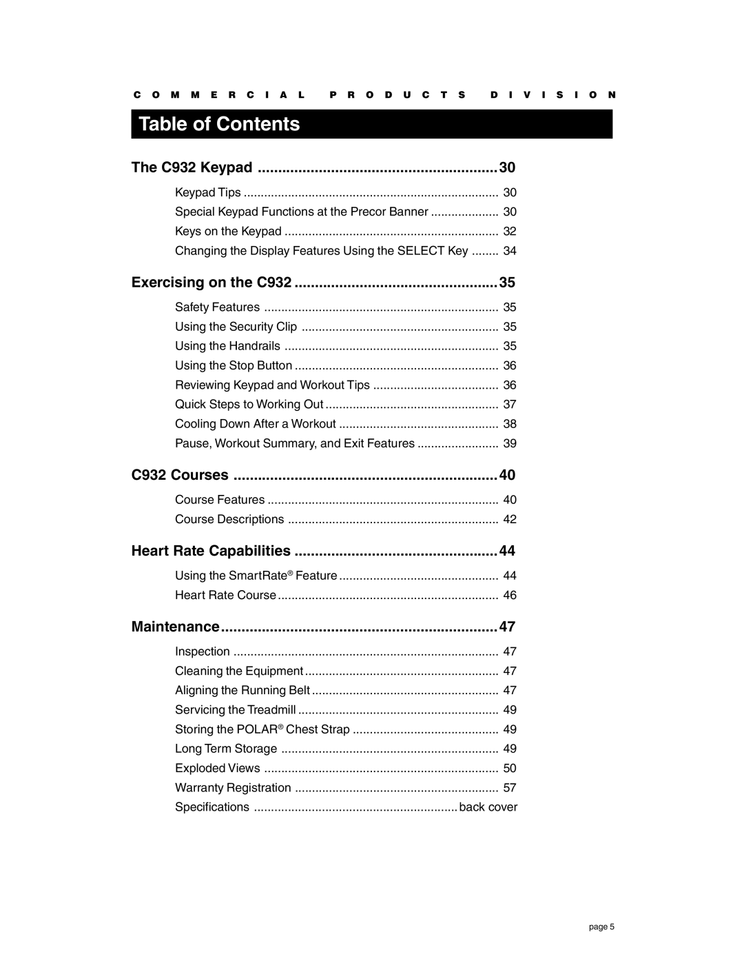 Precor owner manual C932 Keypad, Back cover 