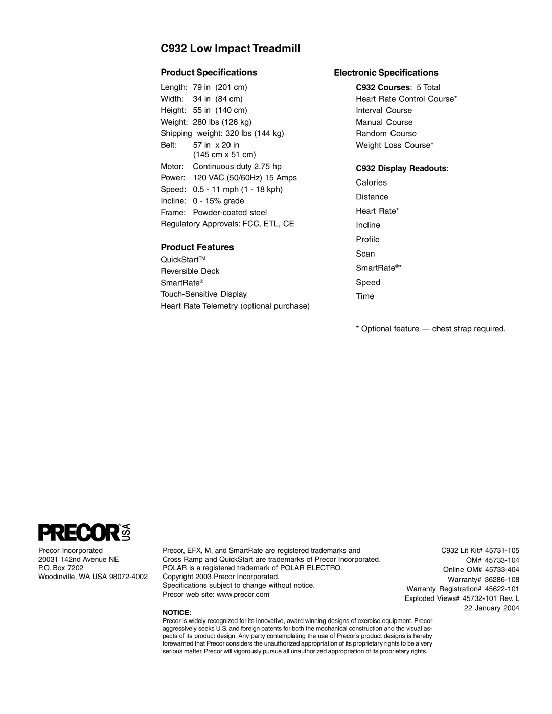 Precor C932 owner manual Product Specifications, Product Features, Electronic Specifications 