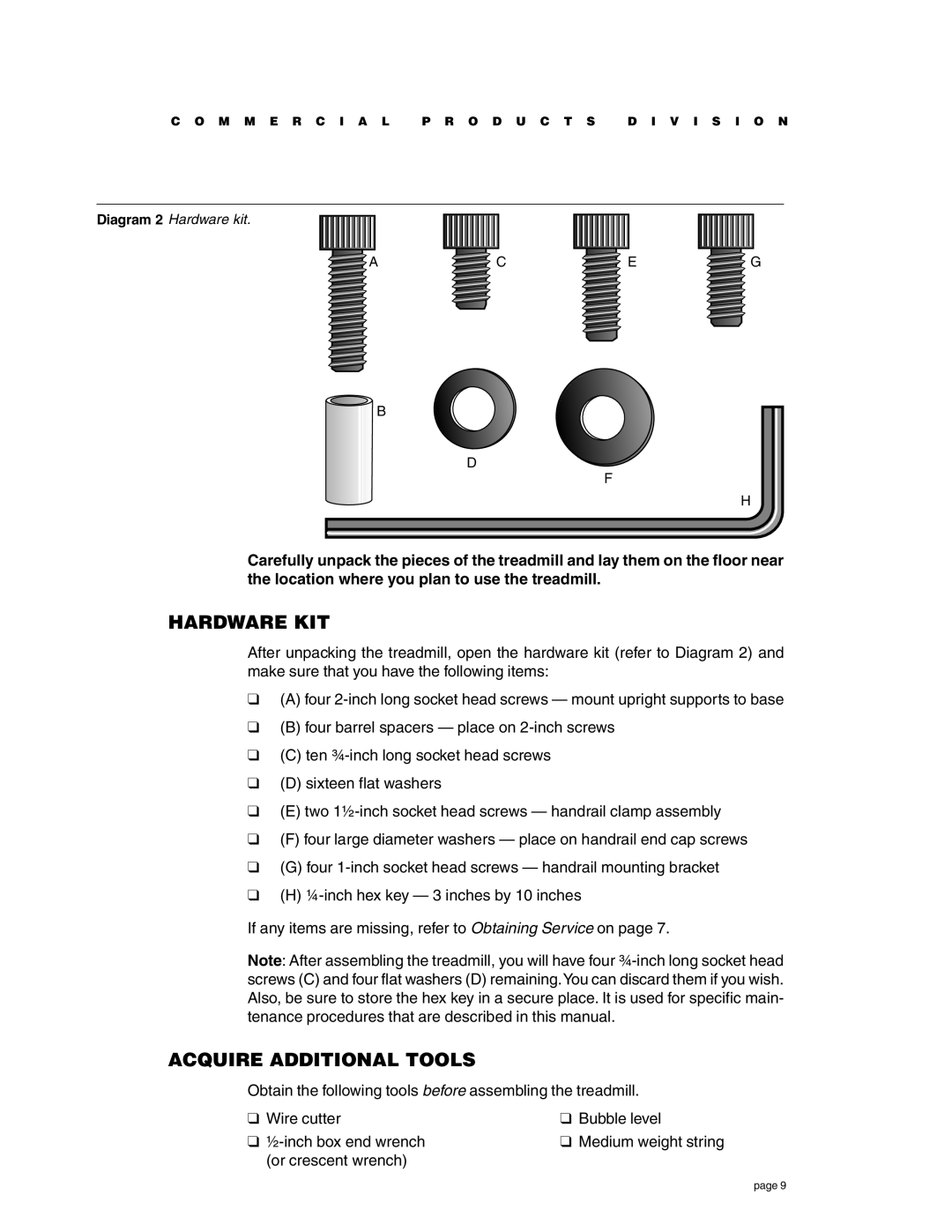 Precor C932 owner manual Hardware KIT, Acquire Additional Tools, Or crescent wrench 