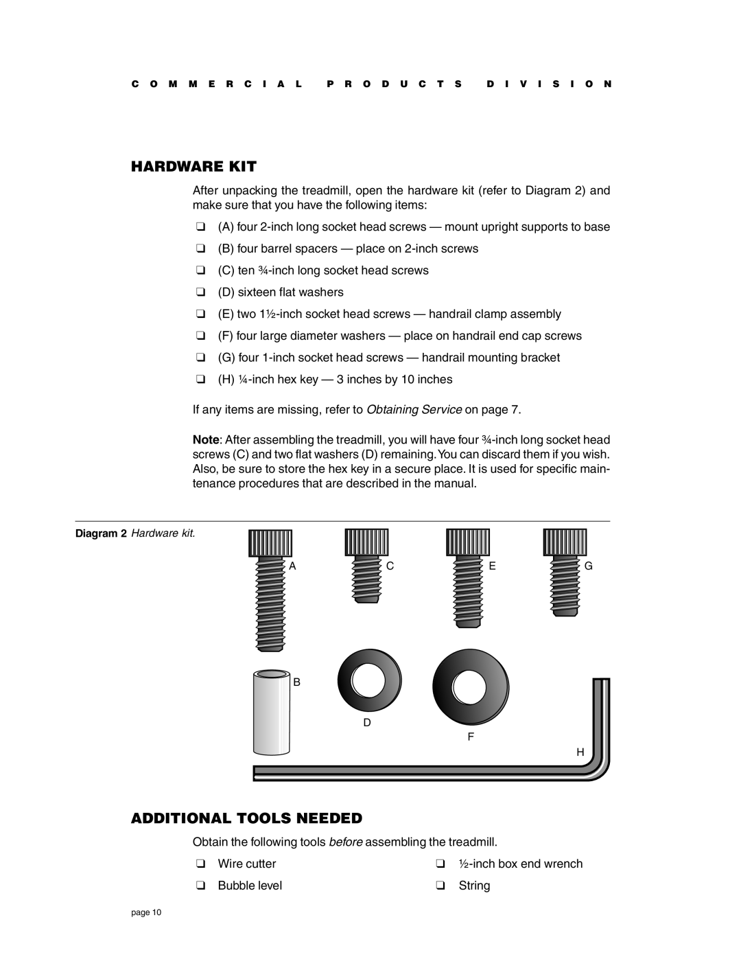 Precor C934 owner manual Hardware KIT, Additional Tools Needed 