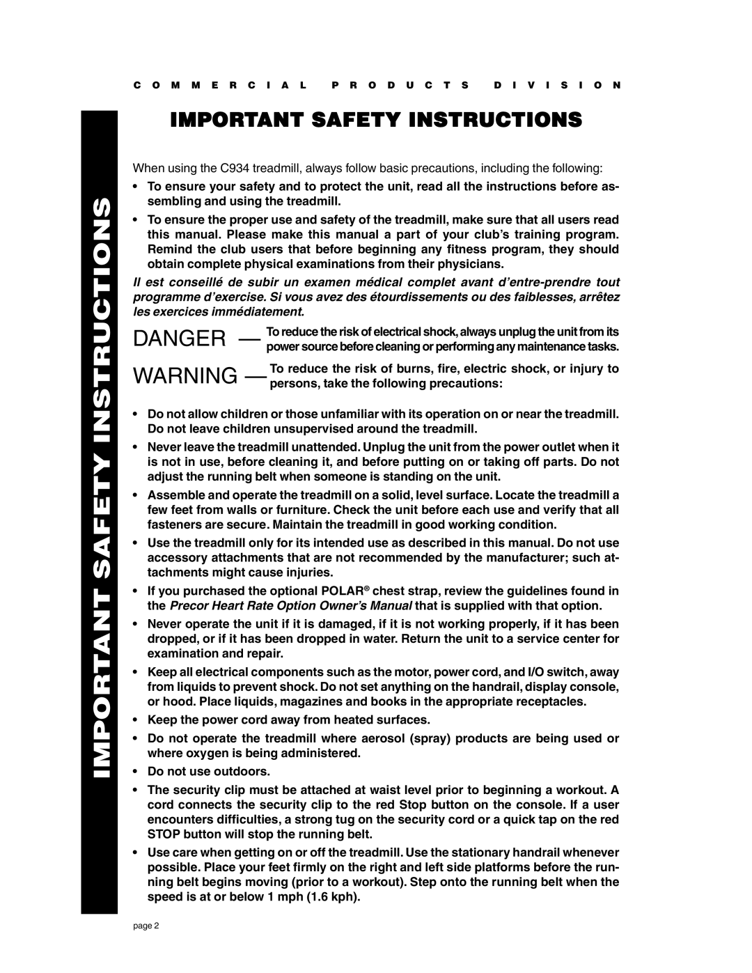 Precor C934 owner manual Important Safety Instructions 