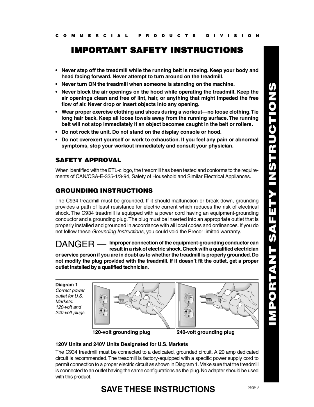 Precor C934 owner manual Safety Approval, Grounding Instructions 