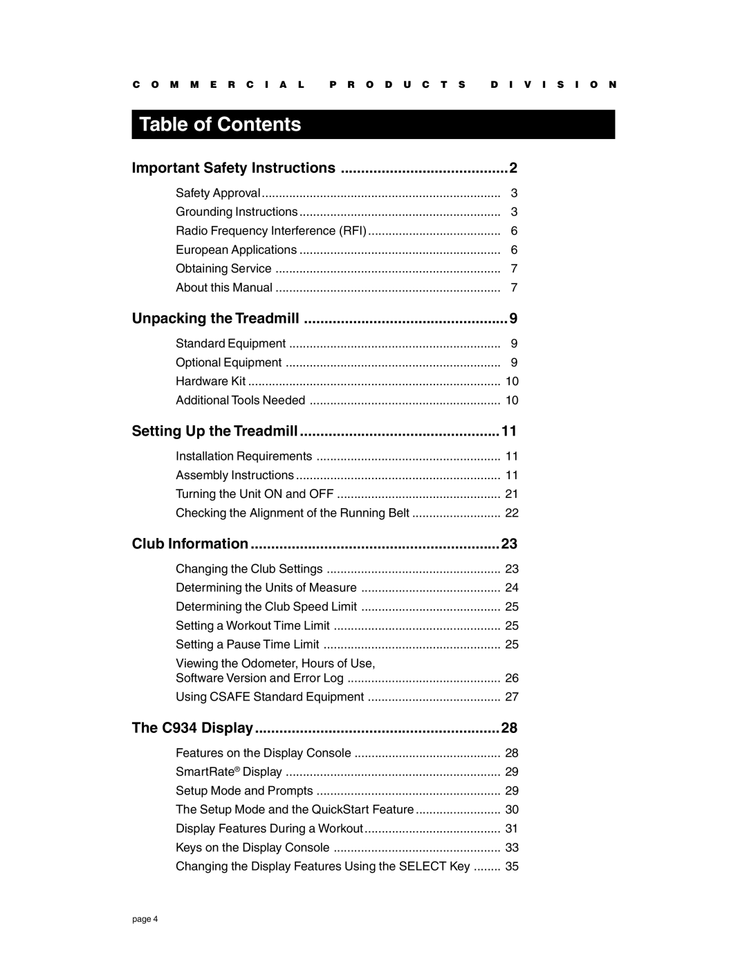 Precor C934 owner manual Table of Contents 